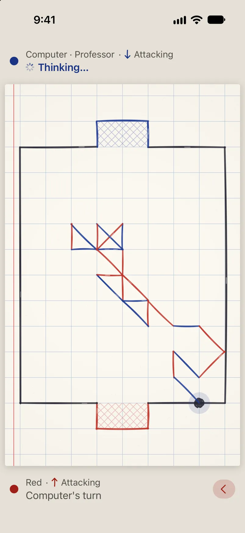 A game against the computer at the Professor level; the computer is working out its move.