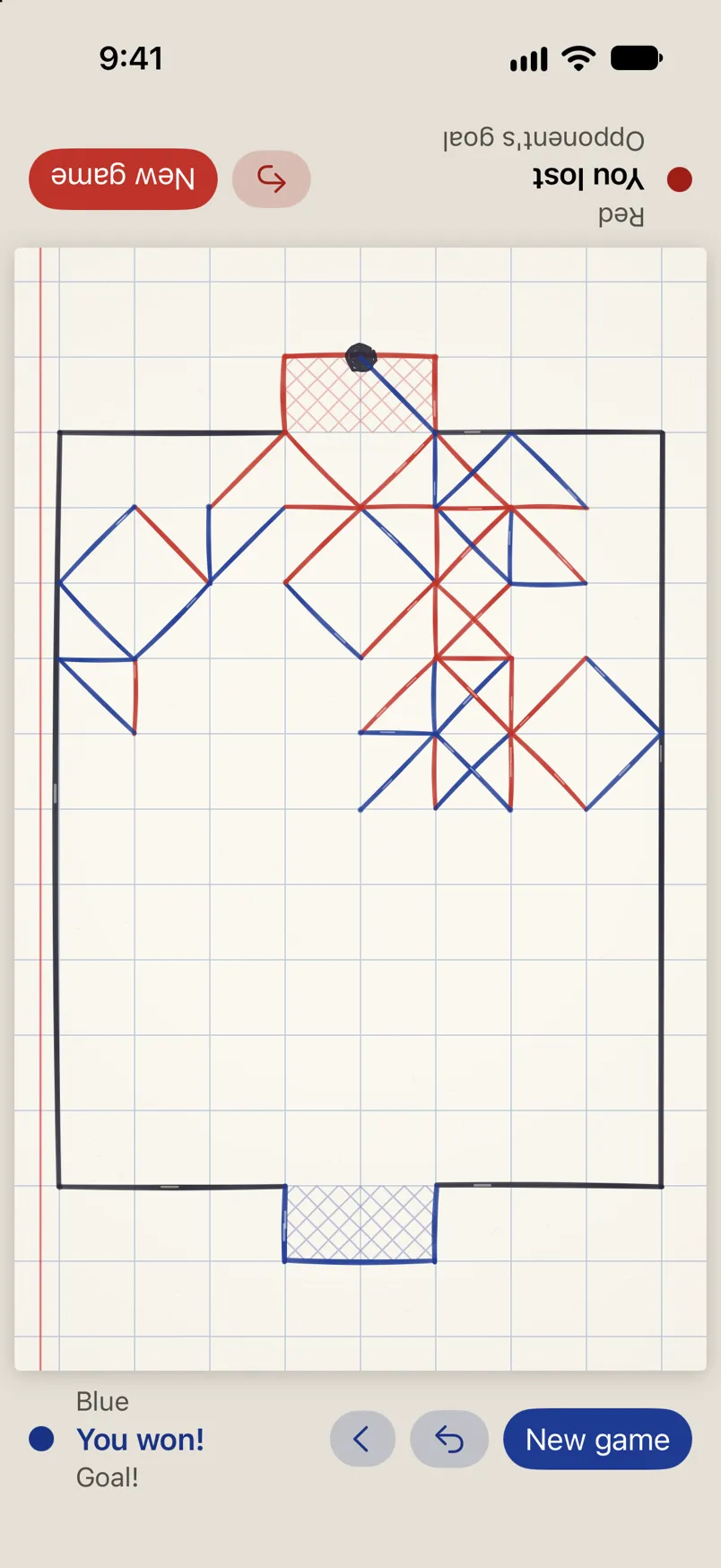 A finished two-player game: blue and red lines on the field and the ball in red’s goal.
