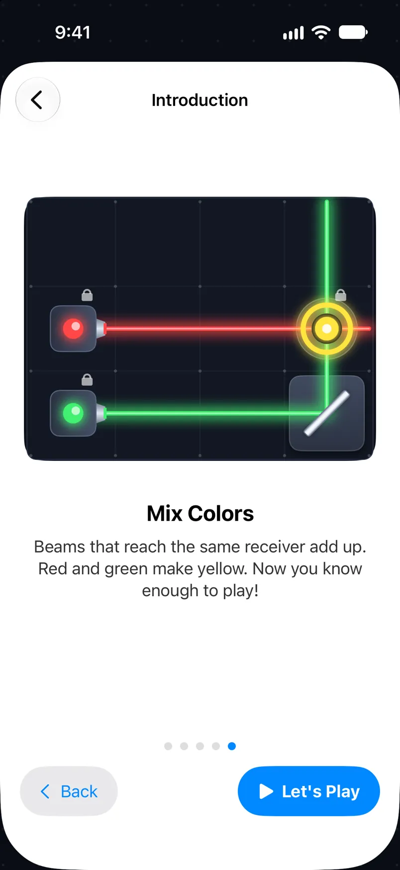 A help page: a red and a green beam in one receiver make yellow.
