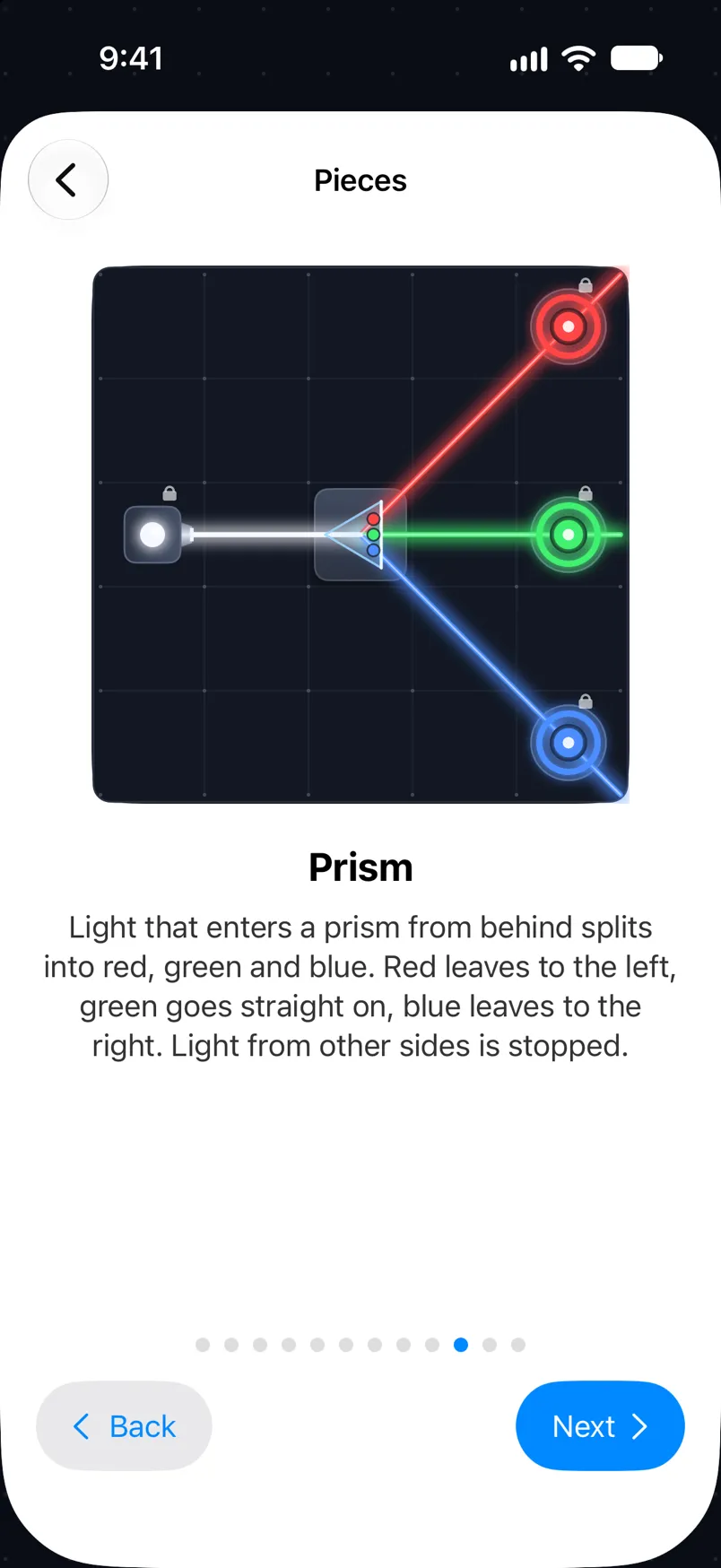 The help page about the prism: a white beam splits into red, green and blue.