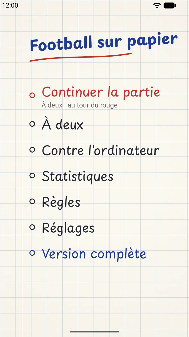 Le menu du jeu sur un téléphone Android : le titre écrit au stylo et la liste des modes de jeu sur papier quadrillé.