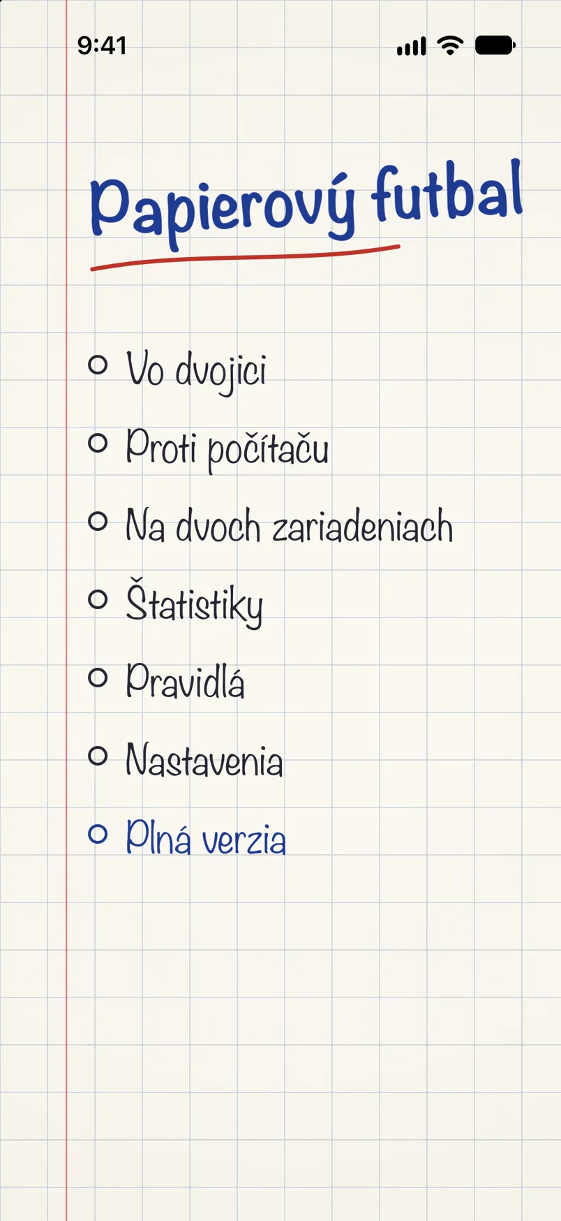 Menu hry: názov Papierový futbal napísaný perom a zoznam herných režimov na štvorčekovom papieri.