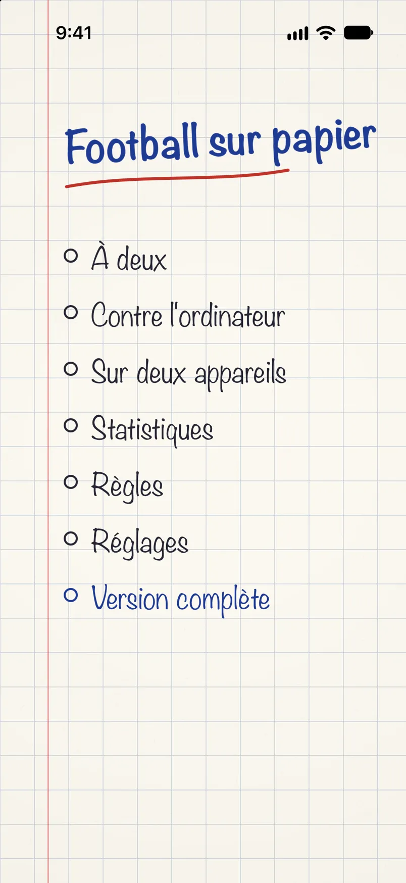 Le menu du jeu : le titre Football sur papier écrit au stylo et la liste des modes de jeu sur papier quadrillé.