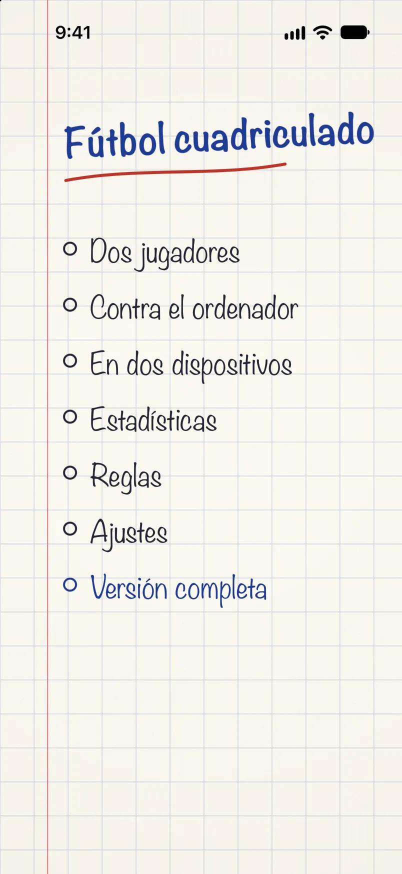 El menú del juego: el título Fútbol cuadriculado escrito con bolígrafo y la lista de modos de juego en papel cuadriculado.