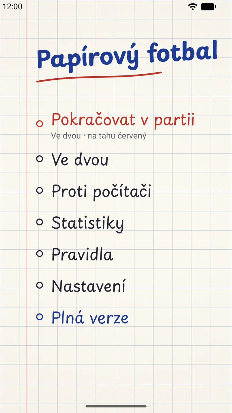 Menu hry na telefonu s Androidem: název napsaný propiskou a seznam herních režimů na čtverečkovaném papíře.