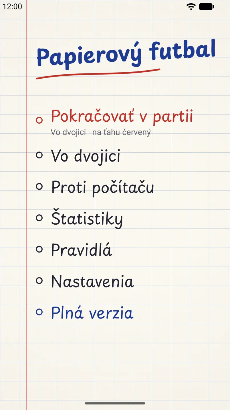 Menu hry na telefóne s Androidom: názov napísaný perom a zoznam herných režimov na štvorčekovom papieri.