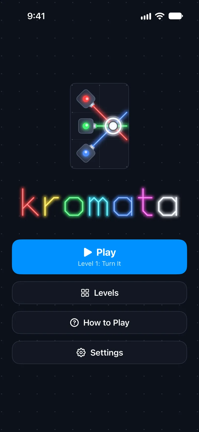 The game menu: the kromata logo made of colored light beams and the Play, Levels, How to Play and Settings buttons.