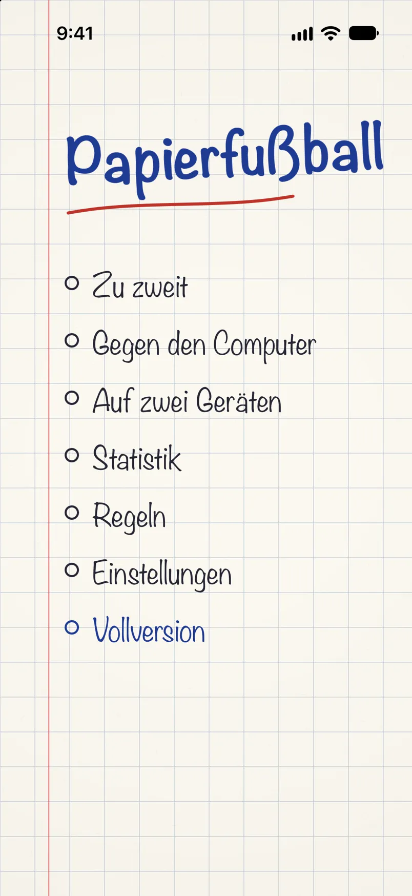 Das Spielmenü: der Titel Papierfußball mit Kugelschreiber geschrieben und die Spielmodi auf Karopapier.