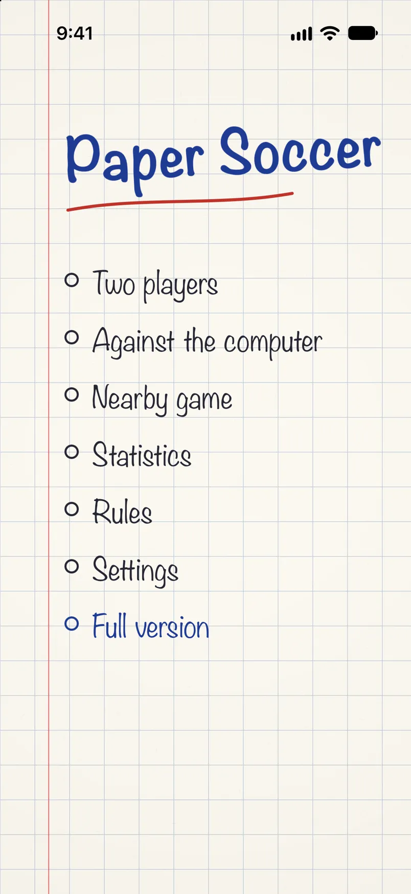 The game menu: the title Paper Soccer written in pen and a list of game modes on squared paper.