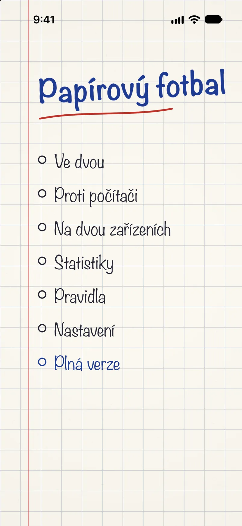 Menu hry: název Papírový fotbal napsaný propiskou a seznam herních režimů na čtverečkovaném papíře.
