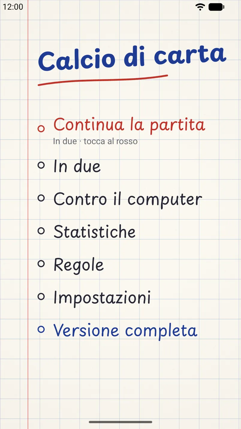 Il menu del gioco su uno smartphone Android: il titolo scritto a penna e l’elenco delle modalità di gioco su carta a quadretti.
