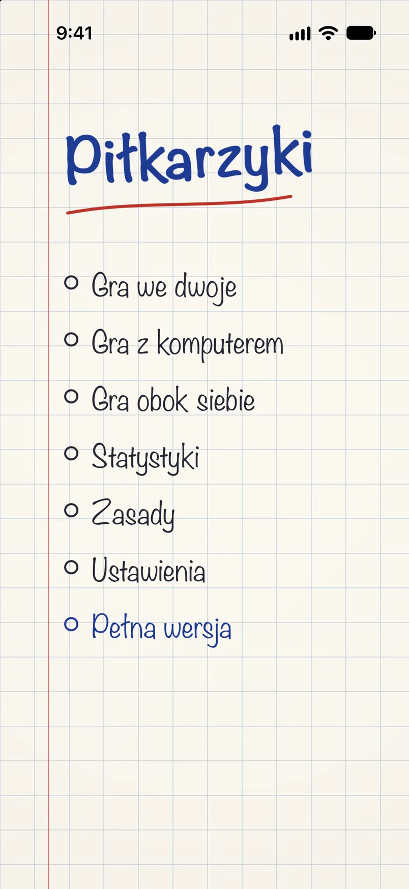 Menu gry: tytuł Piłkarzyki napisany długopisem i lista trybów gry na kartce w kratkę.