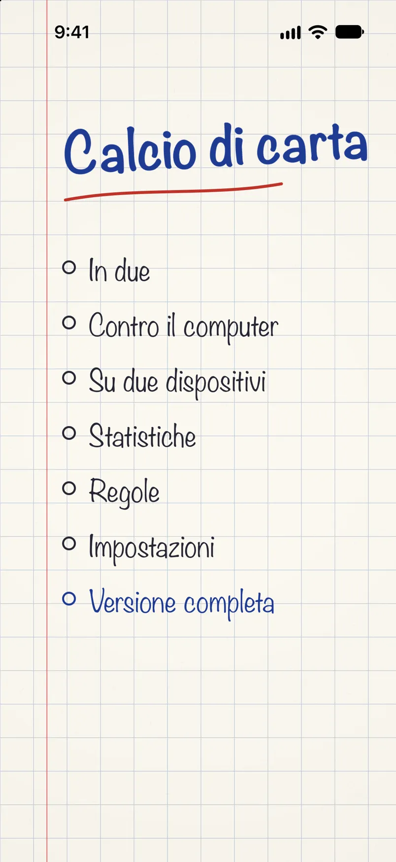 Il menu del gioco: il titolo Calcio di carta scritto a penna e l’elenco delle modalità di gioco su carta a quadretti.