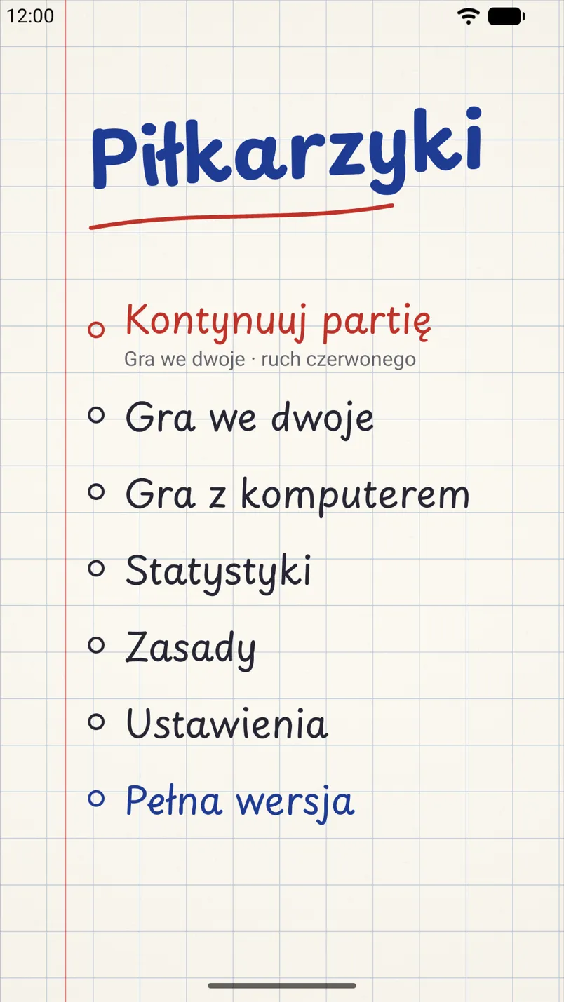 Menu gry na telefonie z Androidem: tytuł napisany długopisem i lista trybów gry na kartce w kratkę.