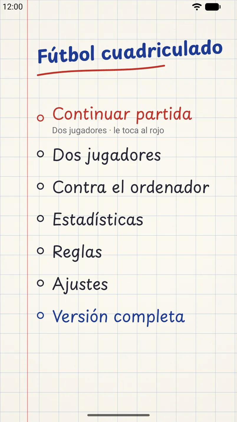 El menú del juego en un teléfono Android: el título escrito con bolígrafo y la lista de modos de juego en papel cuadriculado.