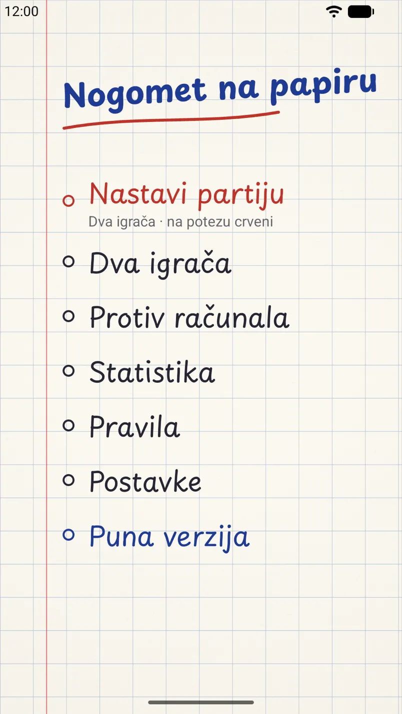 Izbornik igre na Android telefonu: naslov napisan kemijskom olovkom i popis načina igre na papiru na kvadratiće.