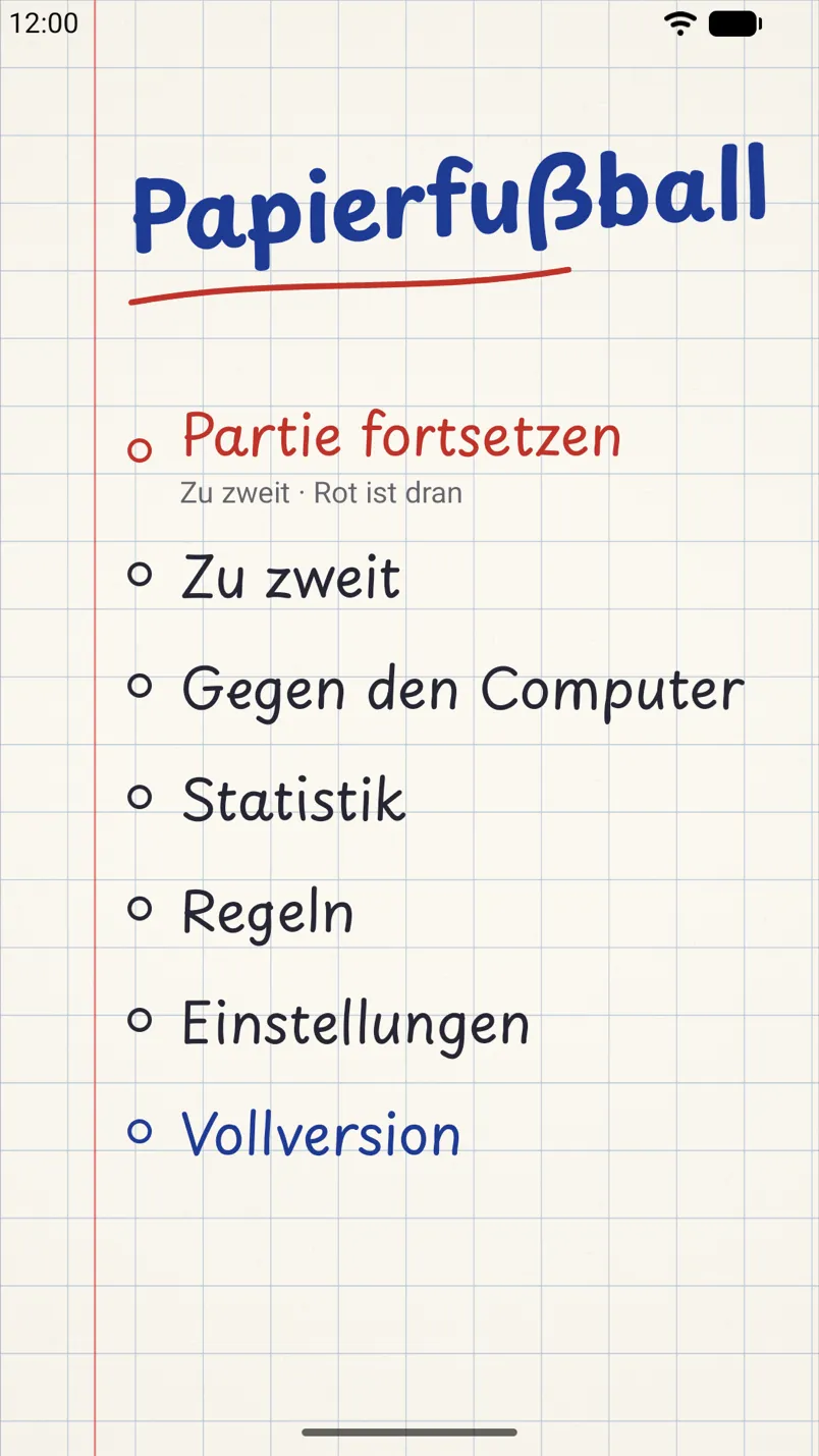 Das Spielmenü auf einem Android-Smartphone: der Titel mit Kugelschreiber geschrieben und die Spielmodi auf Karopapier.