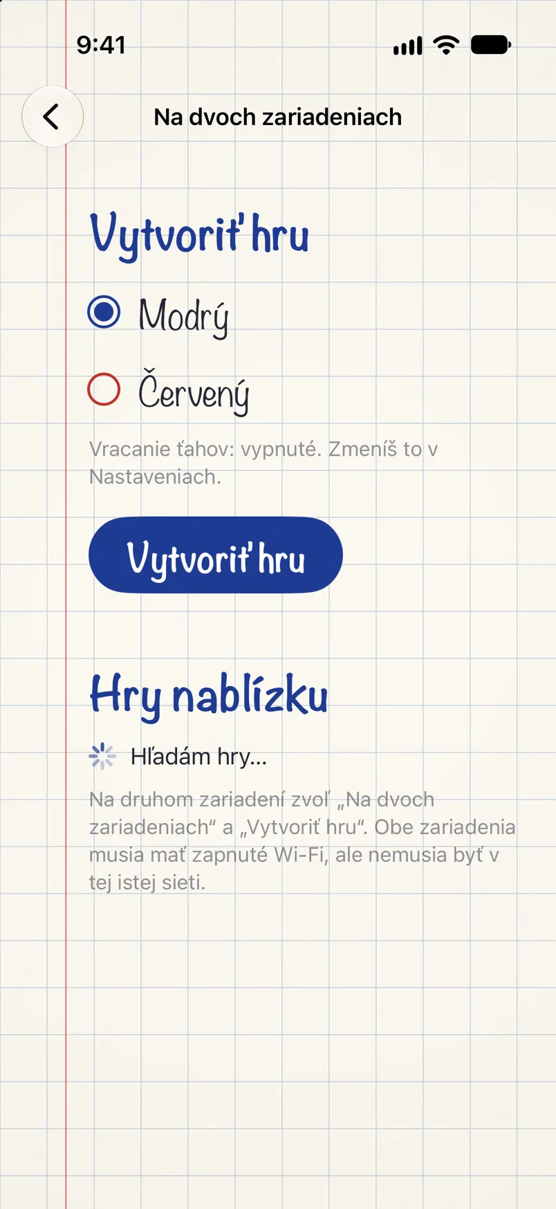 Obrazovka hry na dvoch zariadeniach: vytvorenie hry vo zvolenej farbe a hľadanie hier nablízku.
