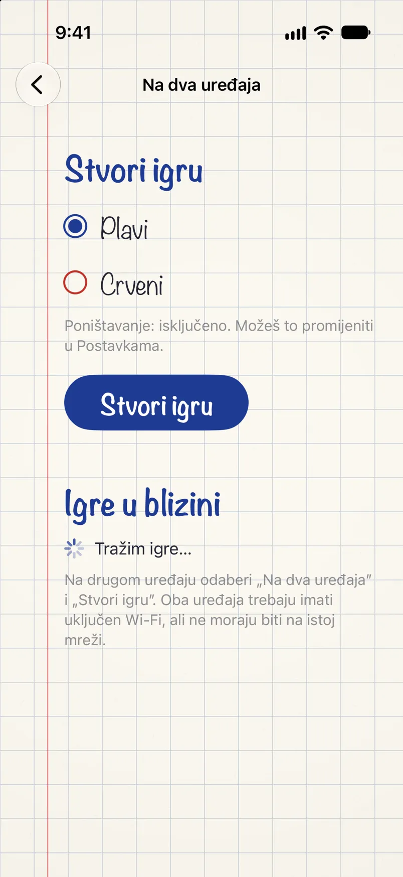 Zaslon igre na dva uređaja: stvaranje igre u odabranoj boji i traženje igara u blizini.