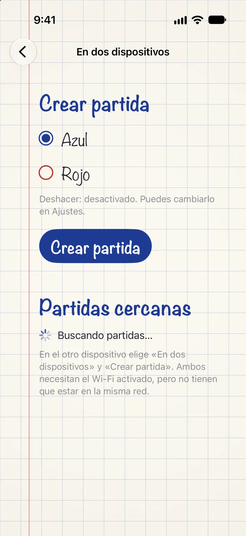 La pantalla del juego en dos dispositivos: crear una partida en el color elegido y buscar partidas cercanas.