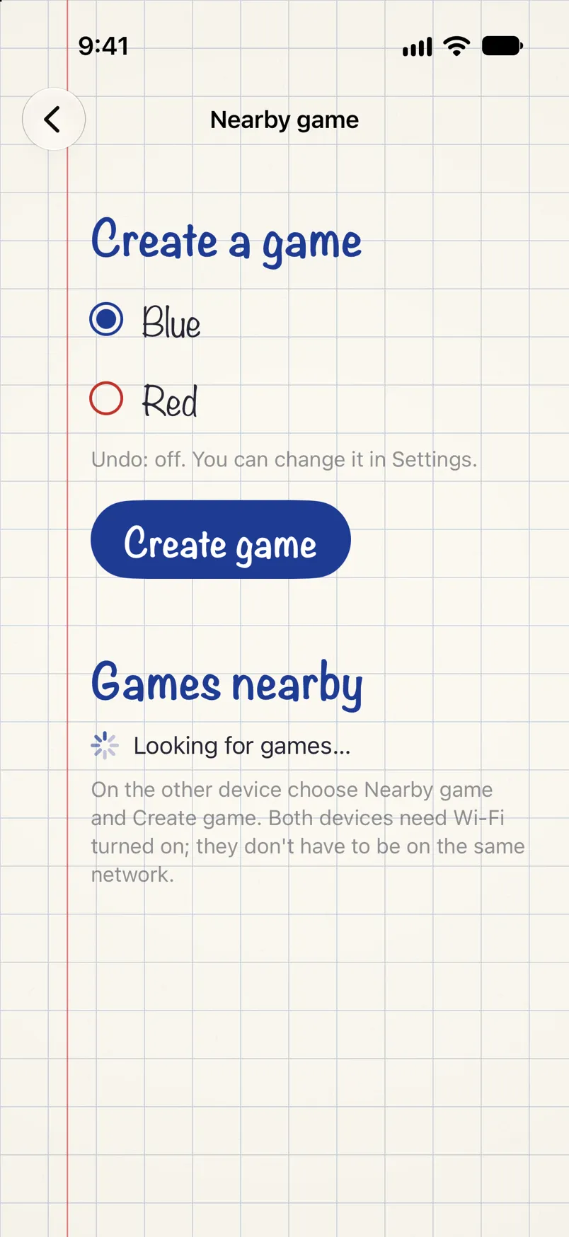 The nearby game screen: creating a game in a chosen color and looking for games nearby.