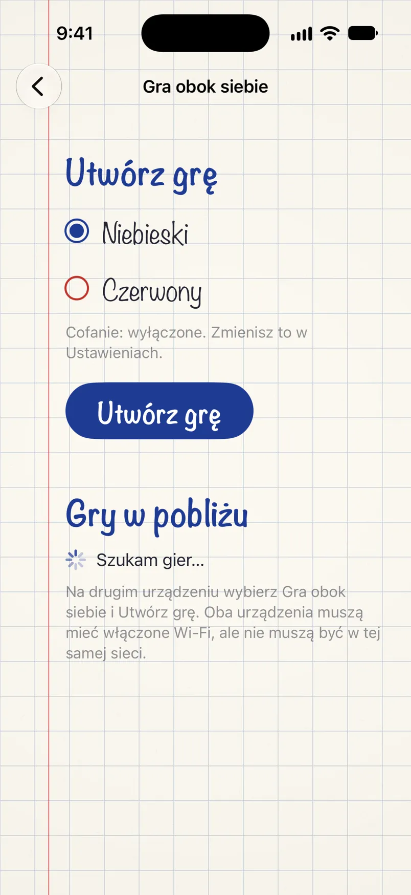 Ekran gry obok siebie: tworzenie gry w wybranym kolorze i szukanie gier w pobliżu.