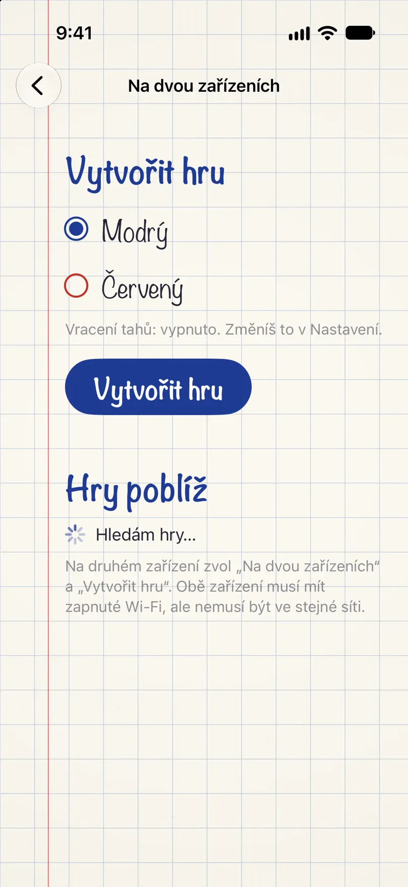 Obrazovka hry na dvou zařízeních: vytvoření hry ve zvolené barvě a hledání her poblíž.