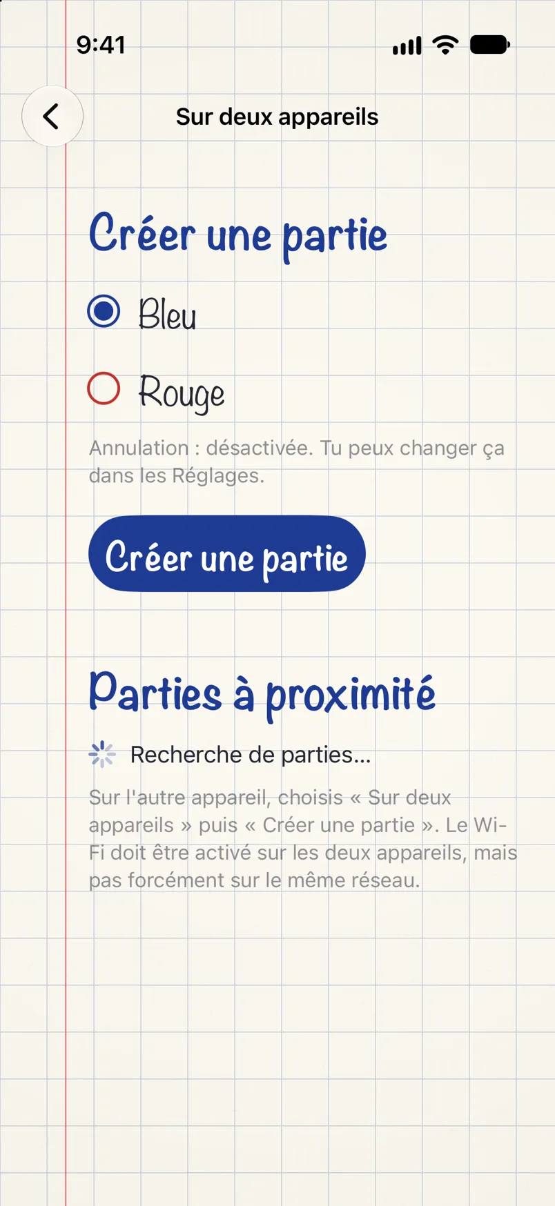 L’écran du jeu sur deux appareils : créer une partie dans la couleur choisie et chercher des parties à proximité.