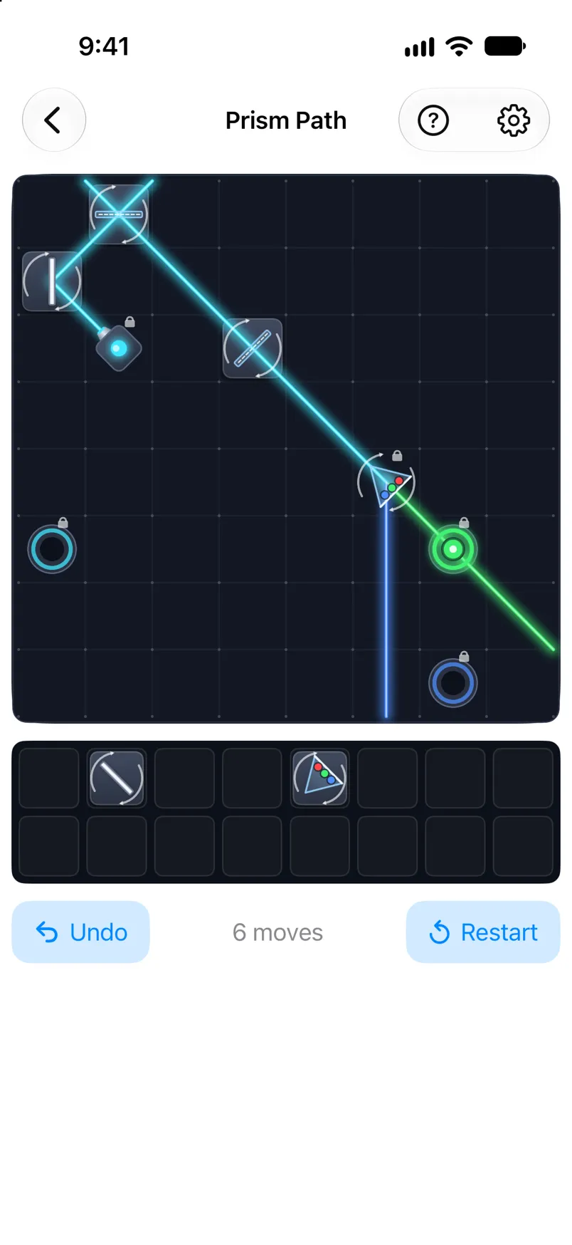 A level with a prism that splits a beam into colors.