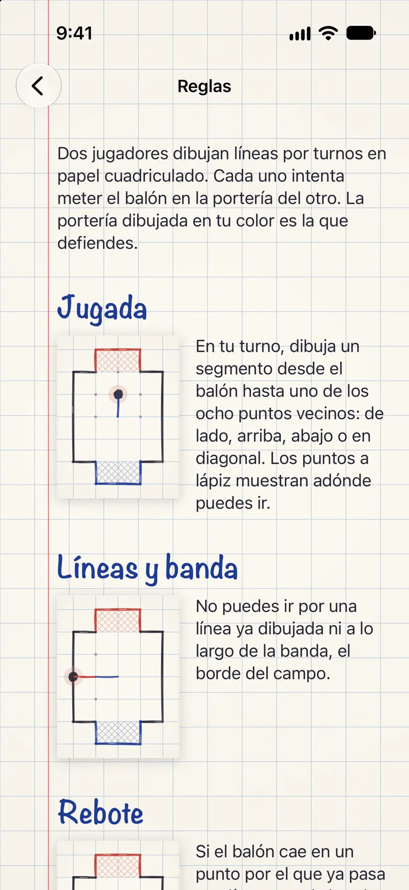Las reglas del juego con pequeños dibujos del campo: movimiento, líneas y banda, rebote.