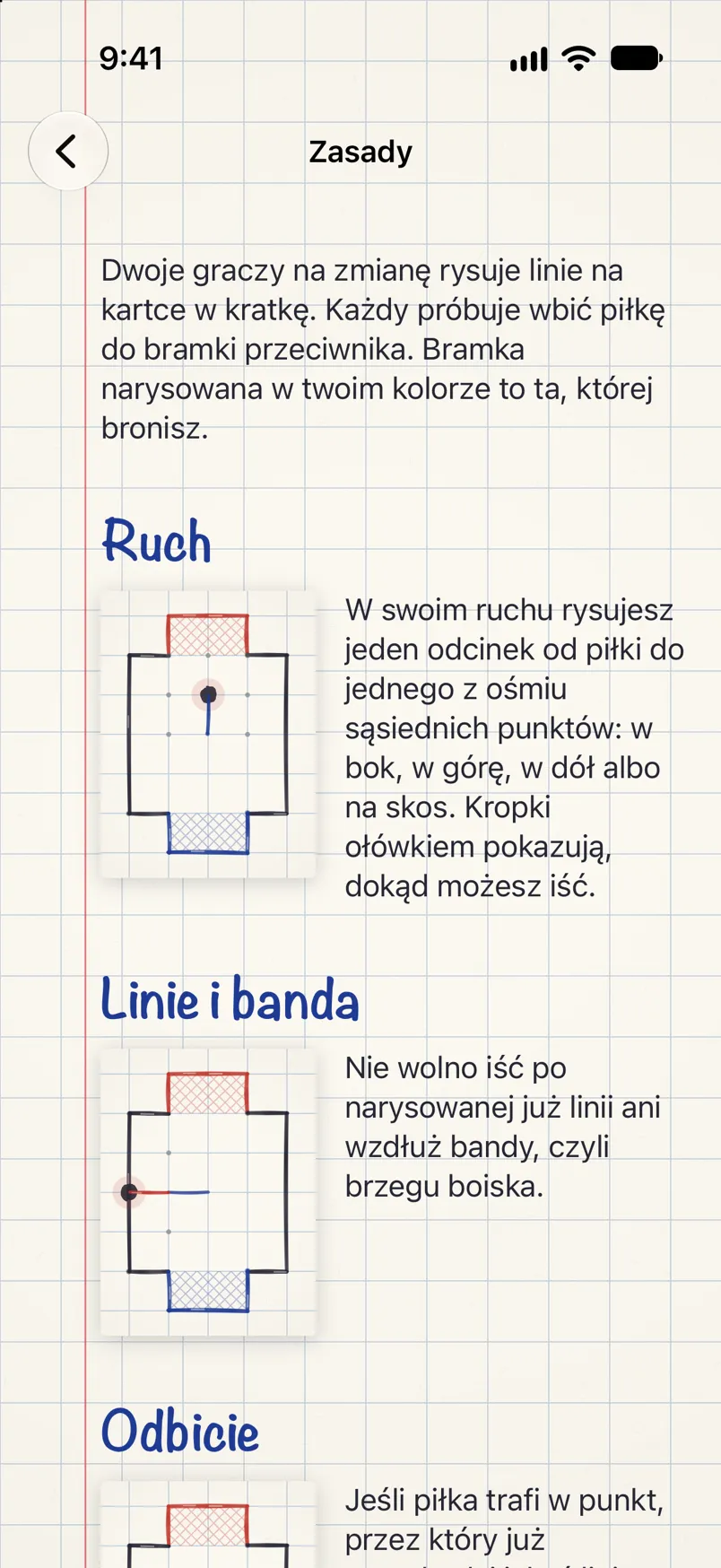 Zasady gry z małymi rysunkami boiska: ruch, linie i banda, odbicie.