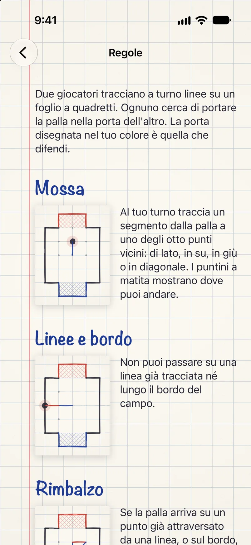 Le regole del gioco con piccoli disegni del campo: mosse, linee e sponda, rimbalzo.