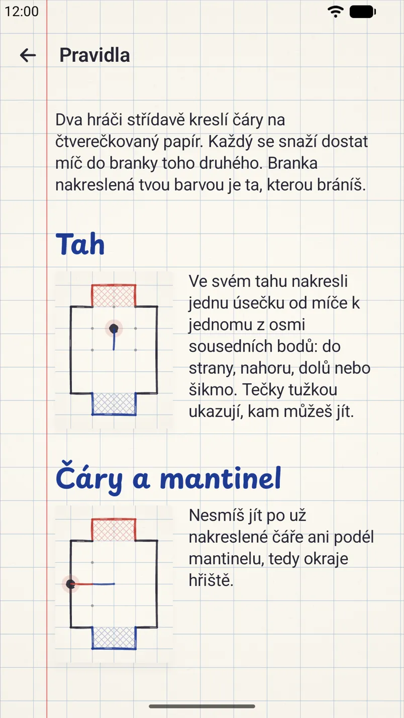 Pravidla hry s malými obrázky hřiště: tah, čáry a mantinel.