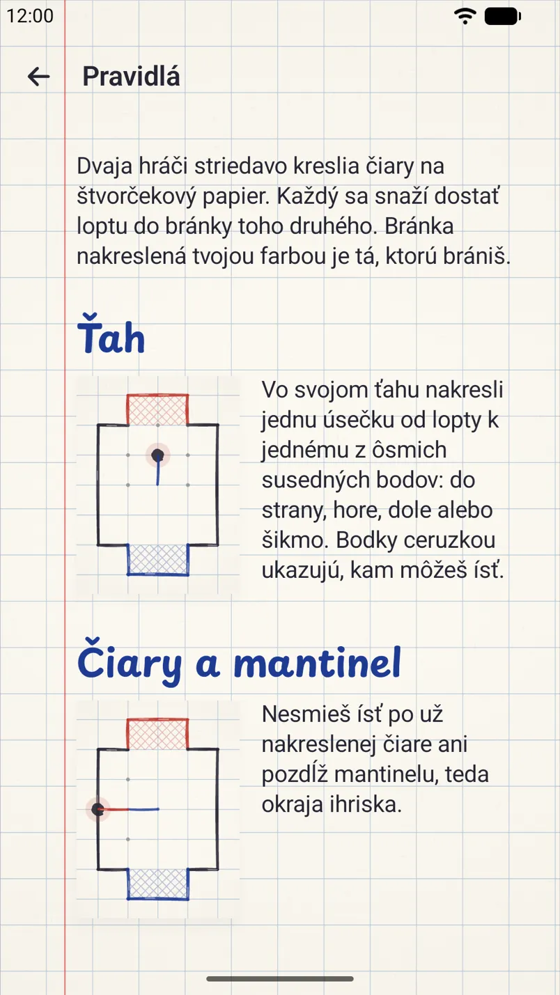 Pravidlá hry s malými obrázkami ihriska: ťah, čiary a mantinel.