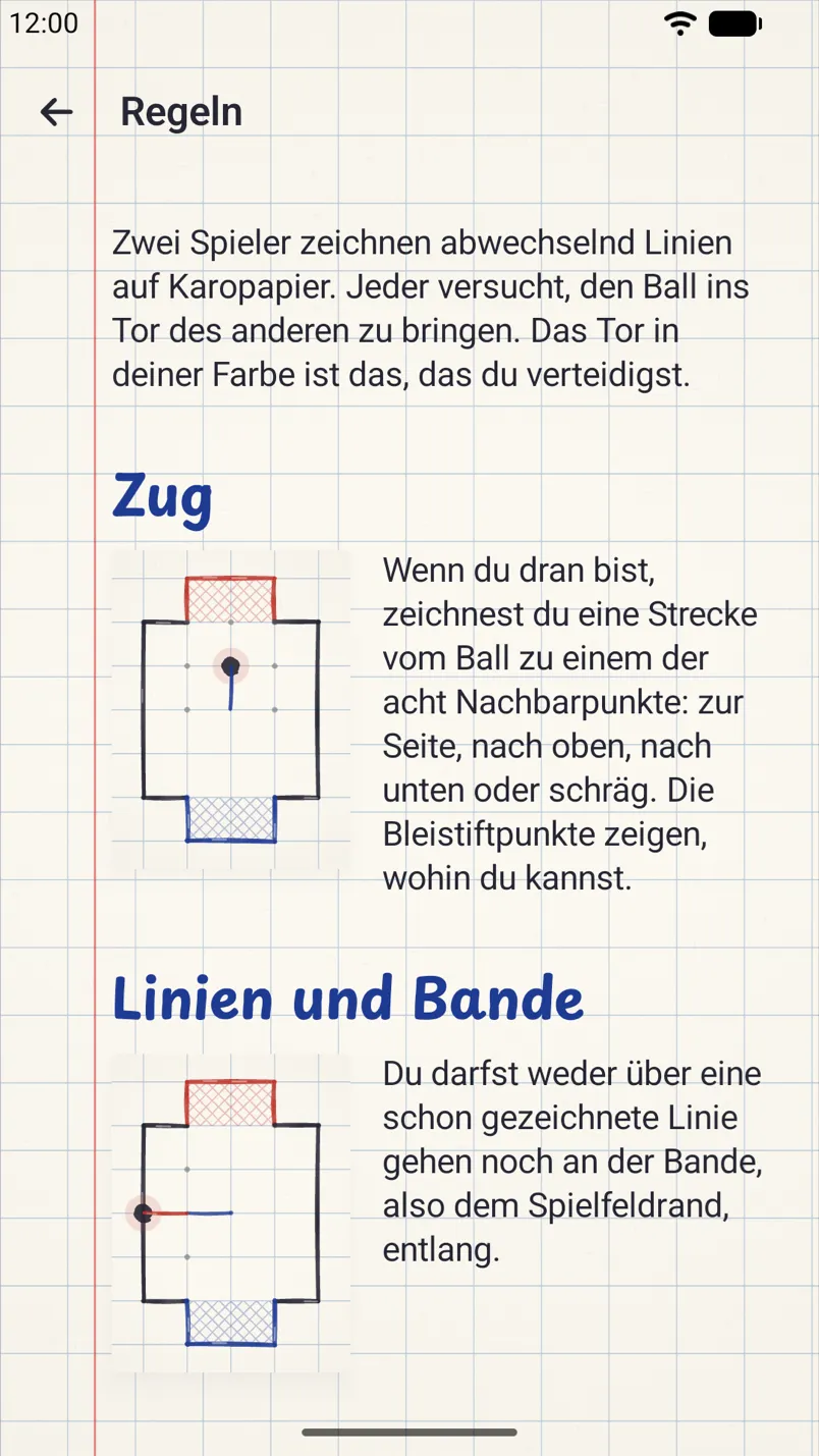 Die Spielregeln mit kleinen Zeichnungen des Spielfelds: Ziehen, Linien und Bande.