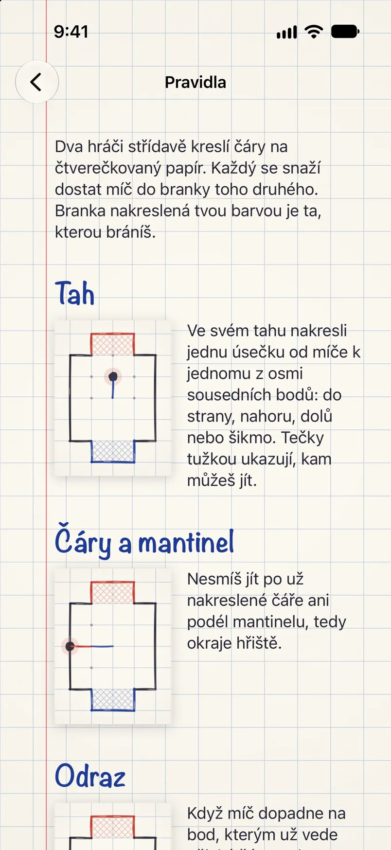 Pravidla hry s malými obrázky hřiště: tah, čáry a mantinel, odraz.