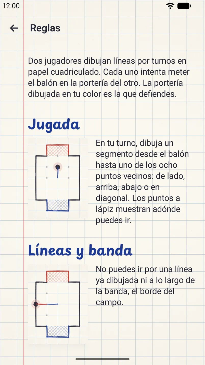 Las reglas del juego con pequeños dibujos del campo: movimiento, líneas y banda.