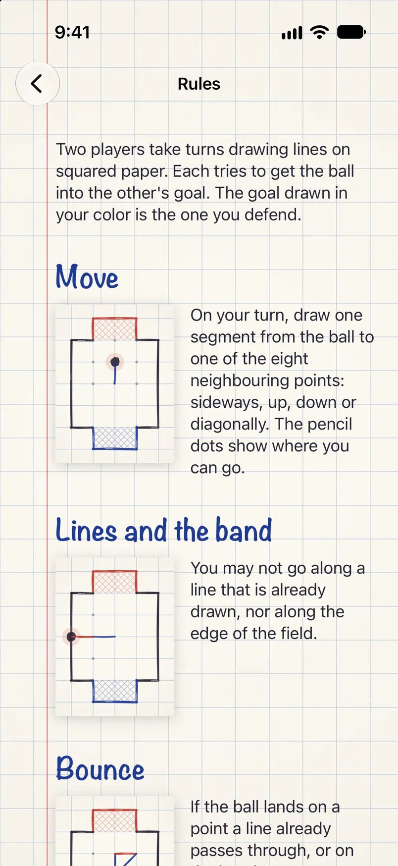 The rules of the game with small drawings of the field: moving, lines and the band, bouncing.