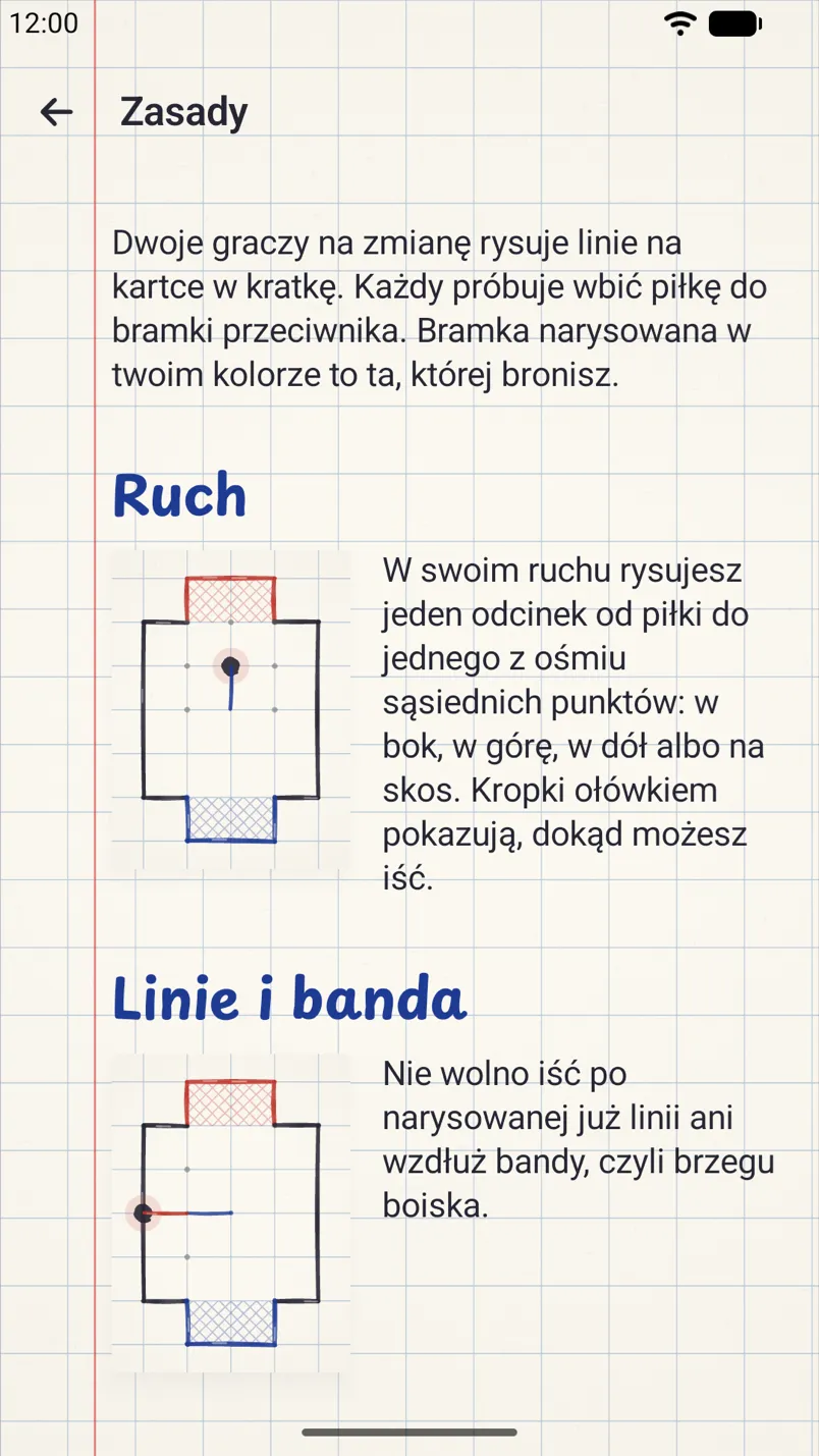Zasady gry z małymi rysunkami boiska: ruch oraz linie i banda.