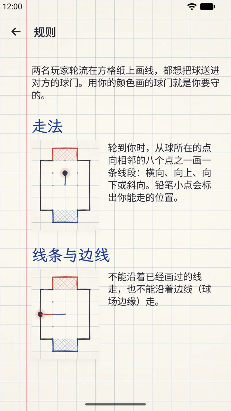 带有球场小插图的游戏规则:走法、线条与边线。