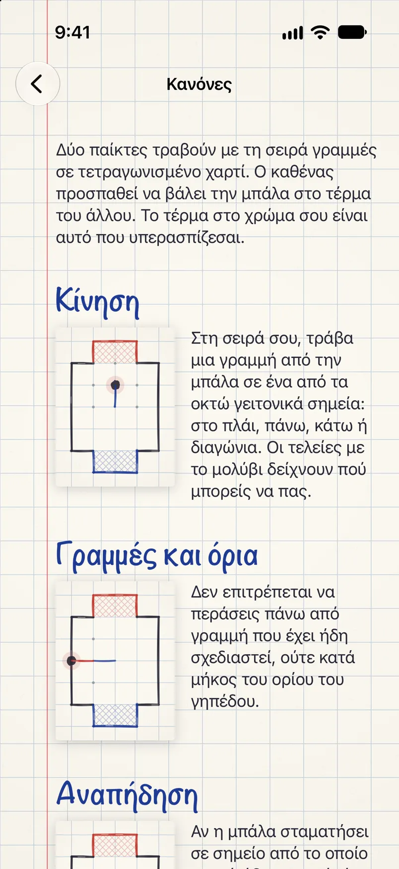 Οι κανόνες του παιχνιδιού με μικρά σχέδια του γηπέδου: κίνηση, γραμμές και πλαίσιο, αναπήδηση.