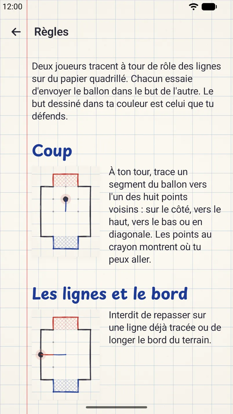 Les règles du jeu avec de petits dessins du terrain : déplacement, lignes et bande.