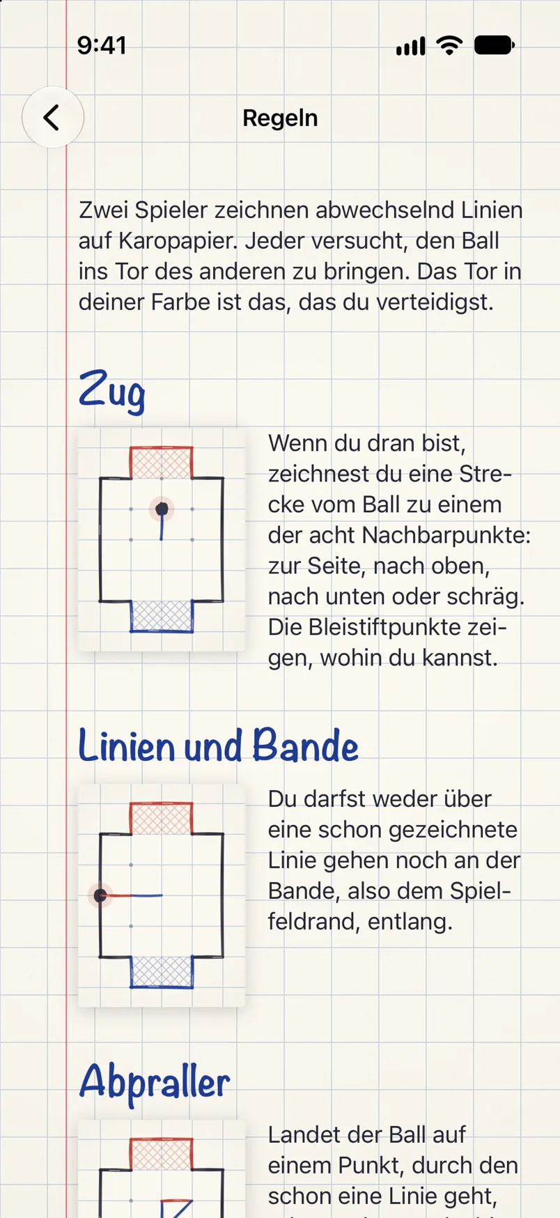 Die Spielregeln mit kleinen Zeichnungen des Spielfelds: Ziehen, Linien und Bande, Abprallen.