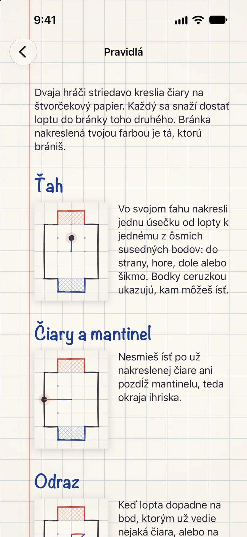 Pravidlá hry s malými obrázkami ihriska: ťah, čiary a mantinel, odraz.