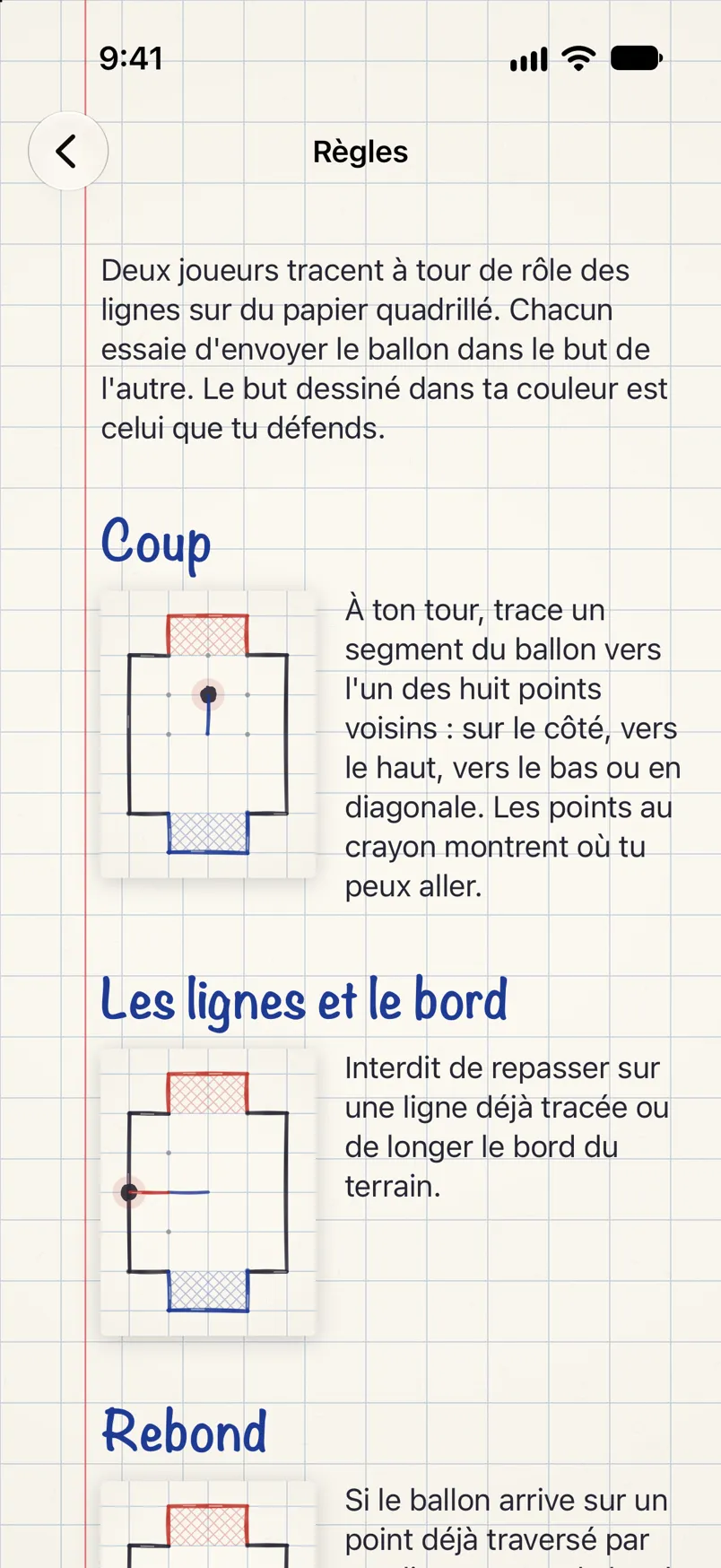 Les règles du jeu avec de petits dessins du terrain : déplacement, lignes et bande, rebond.