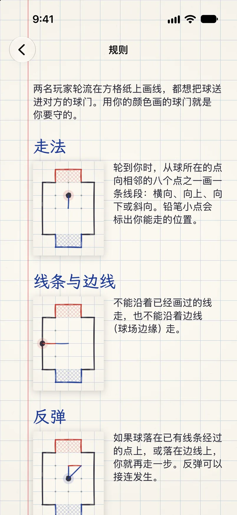 带有球场小插图的游戏规则:走法、线条与边线、反弹。
