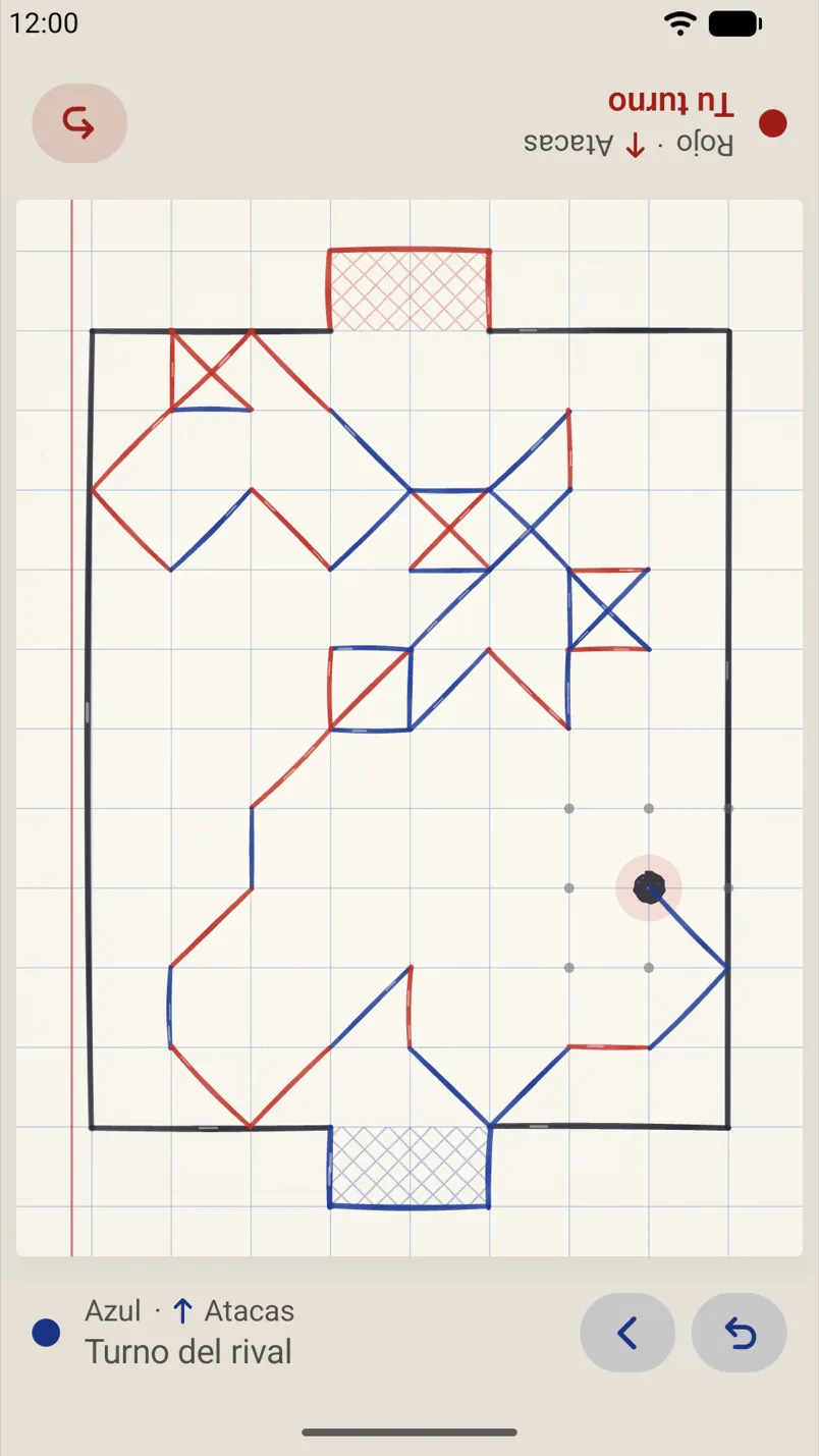 Una partida de dos jugadores en curso en un teléfono Android: líneas azules y rojas en el campo; puntos a lápiz marcan los movimientos permitidos.